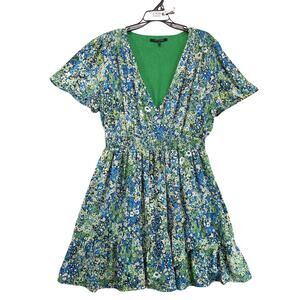 19 Cooper Green Blue Floral Dress XL Knee Length Elastic Waist Plunge-V Smocked